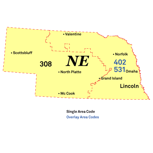 Nebraska Area Code Map with Cities